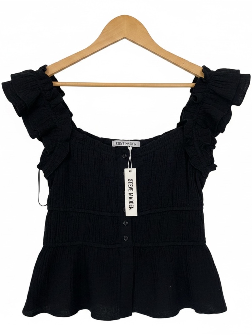 Steve Madden black double cloth button front ruffle top